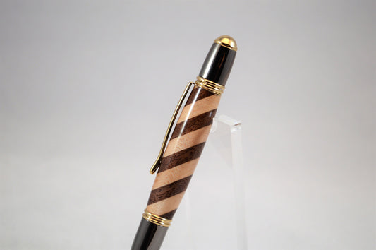 One of a Kind Classic Twist Pen in 22k Gold and Gunmetal Finish with Handcrafted Maple and Walnut.