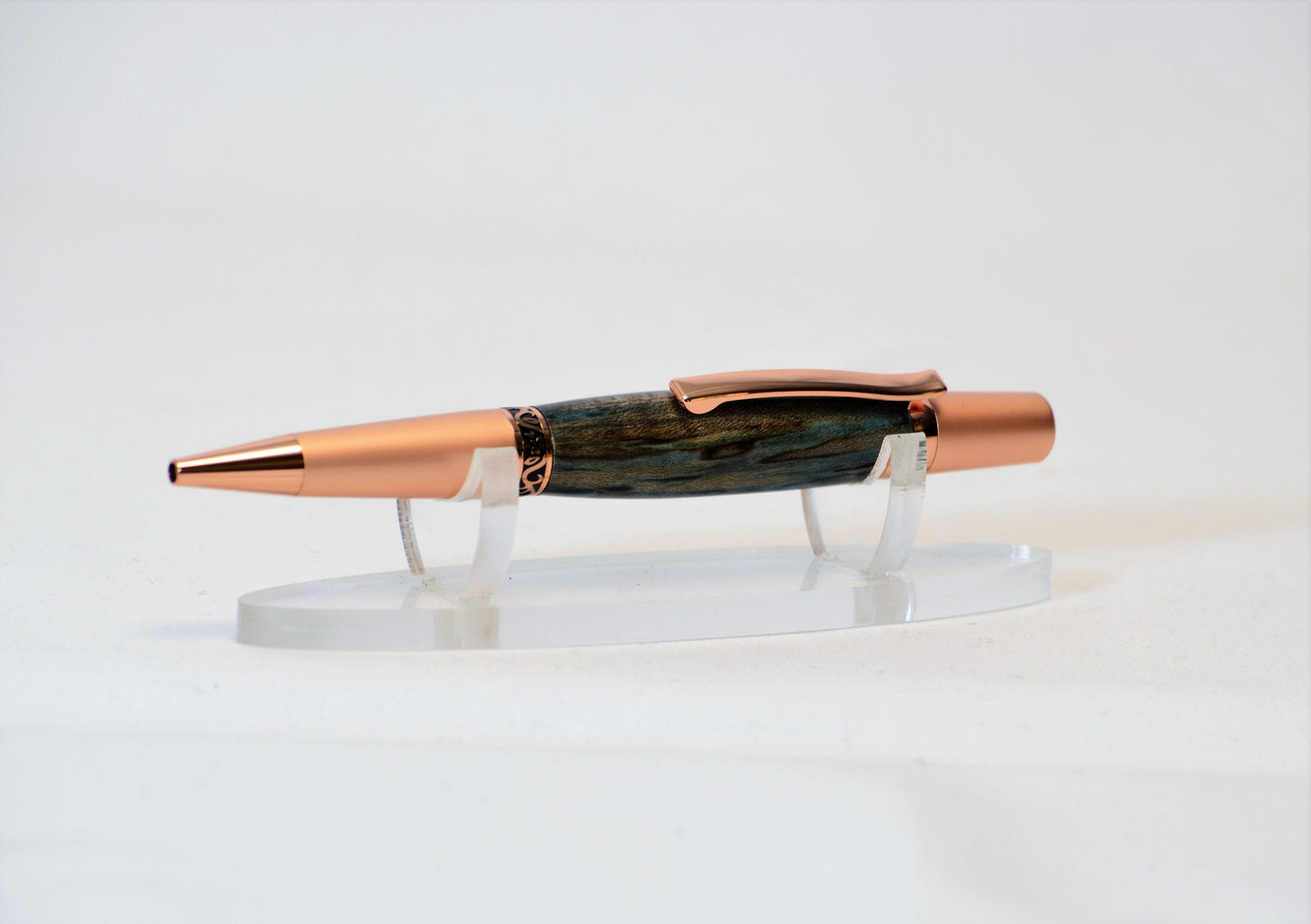 Elegant Twist Pen in Two Tone Copper with Handcrafted Dyed Spalted Oak Body.