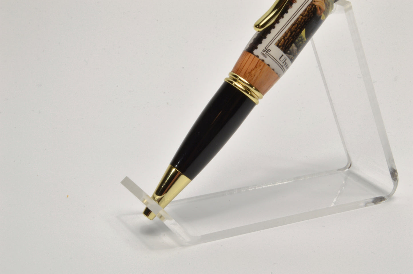 Handcrafted Gettysburg Twist Pen Made With a General Grant U.S. Stamp and Witness Wood in Gold and Black Chrome Finish