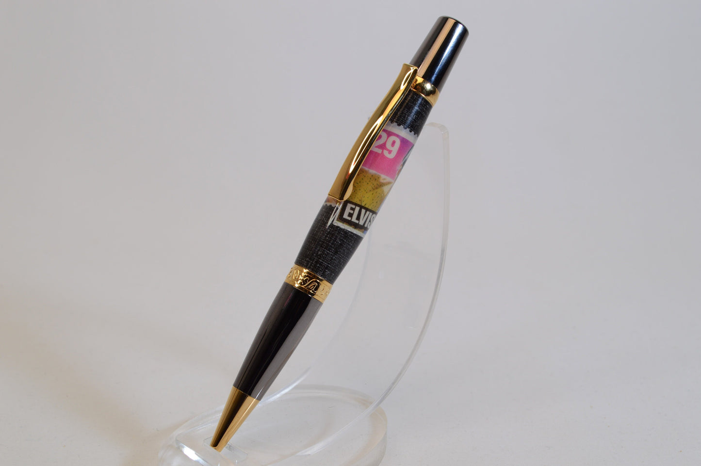 Handcrafted Pen Featuring a 1992 Elvis Stamp and a Small Swatch From an Elvis Worn Shirt Embedded in Acrylic