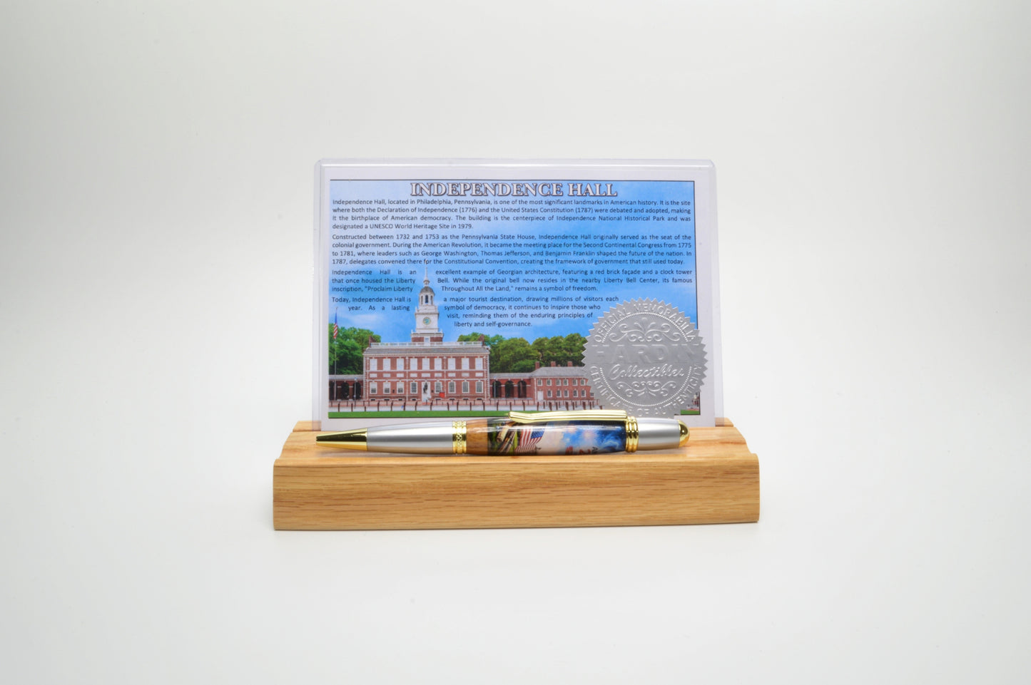USA 250th Anniversary Label & Independence Hall Wood, Gold & Satin Chrome Finish Twist Pen