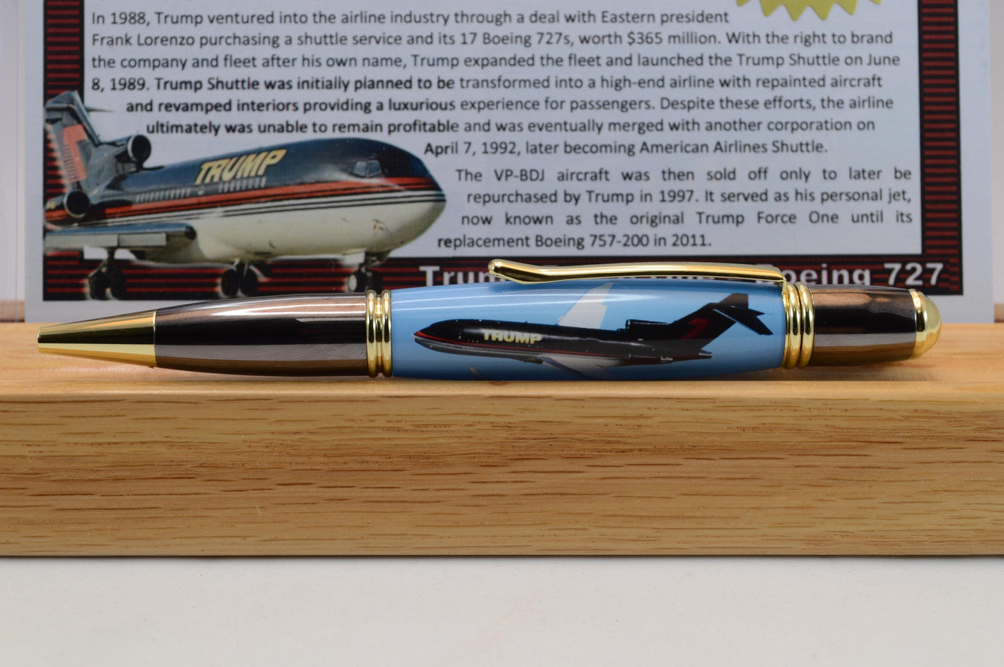 Handcrafted Pen made with a small piece of metal from Donald Trump's Boeing 727 Known as Trump Force One and cast in acrylic.