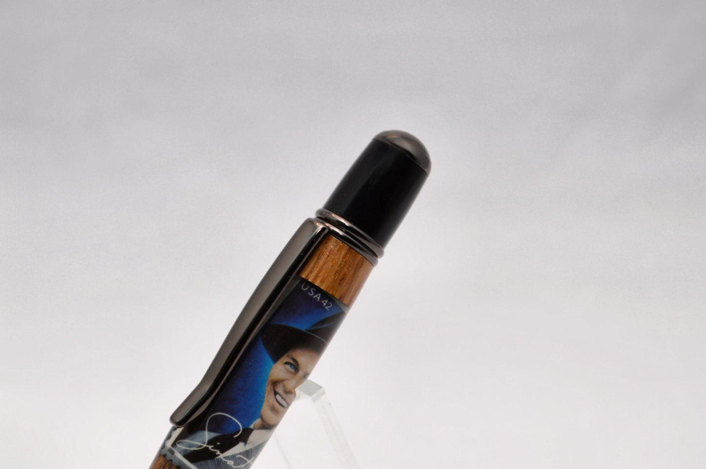 Handcrafted Twist Pen made from Whiskey Barrel and Frank Sinatra Stamp in Gunmetal & Black Chrome Finish