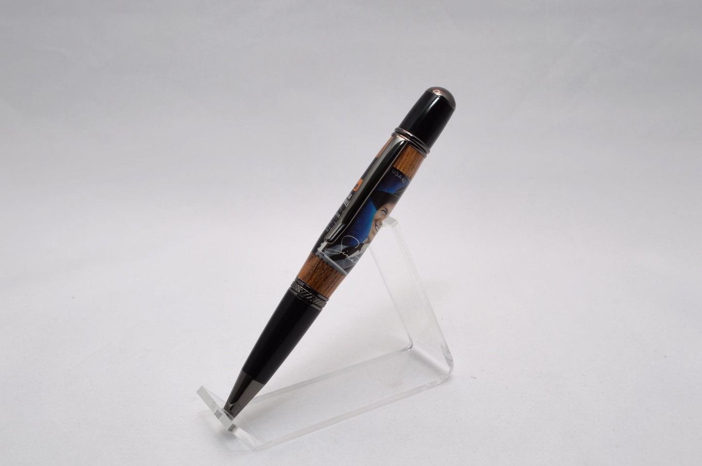 Handcrafted Twist Pen made from Whiskey Barrel and Frank Sinatra Stamp in Gunmetal & Black Chrome Finish