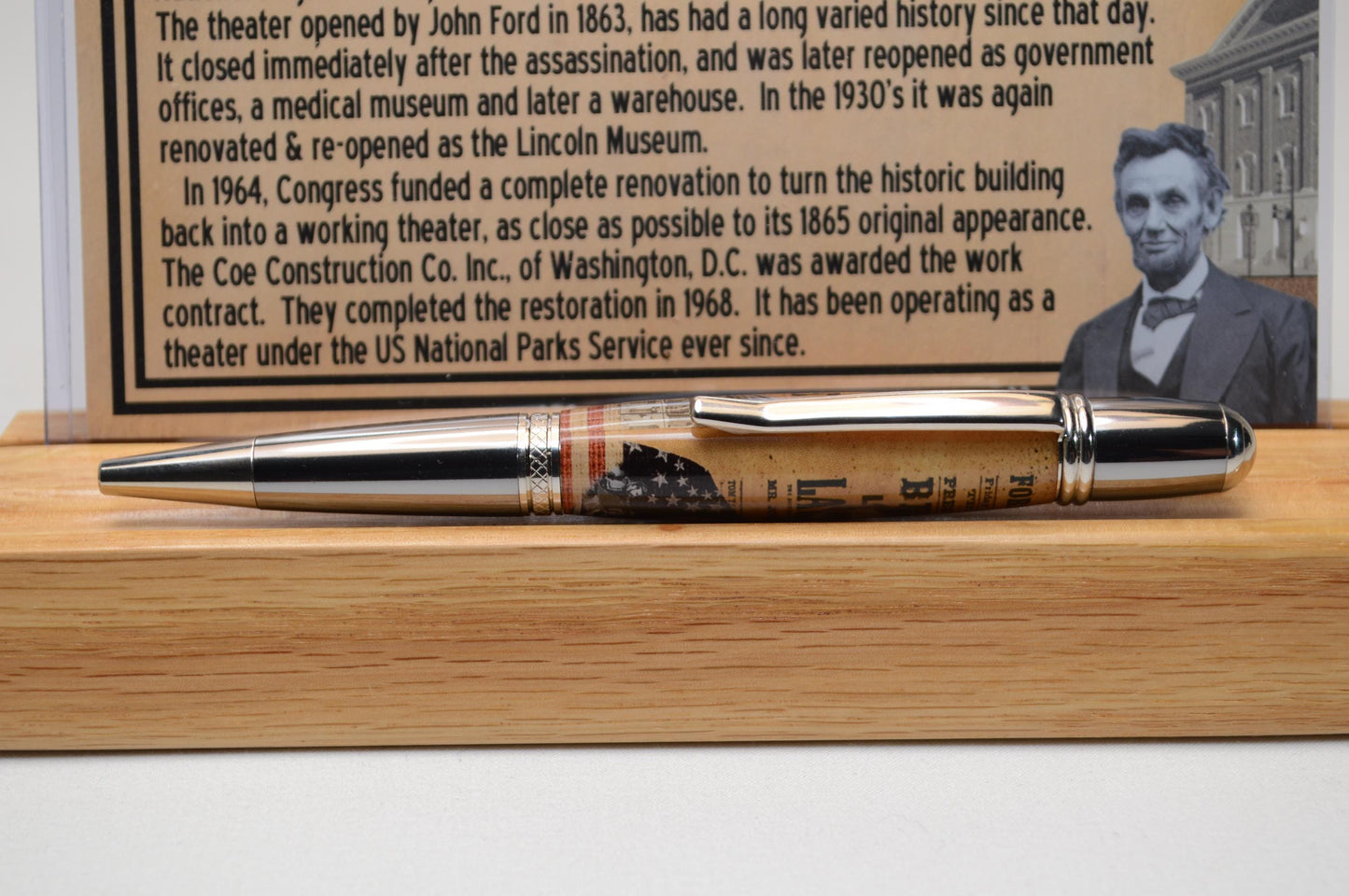 Handcrafted President Abraham Lincoln - Ford Theater Twist Pen in Platinum and Black Titanium
