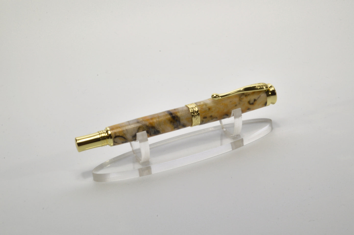 Handcrafted Rollerball Pen in Gold Finish – White, Gold & Black Acrylic Body with Wooden Display Case