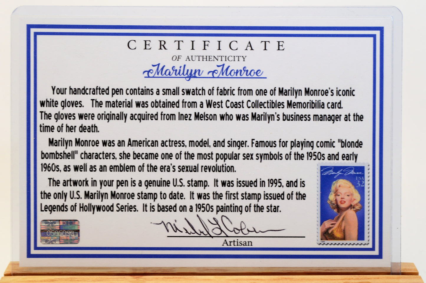 Handcrafted Pen Featuring a Marilyn Monroe US Stamp and a Small Swatch of One of Marilyn Monroe's White Gloves Cast In Acrylic