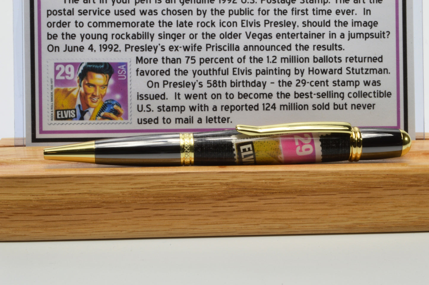 Handcrafted Pen Featuring a 1992 Elvis Stamp and a Small Swatch From an Elvis Worn Shirt Embedded in Acrylic