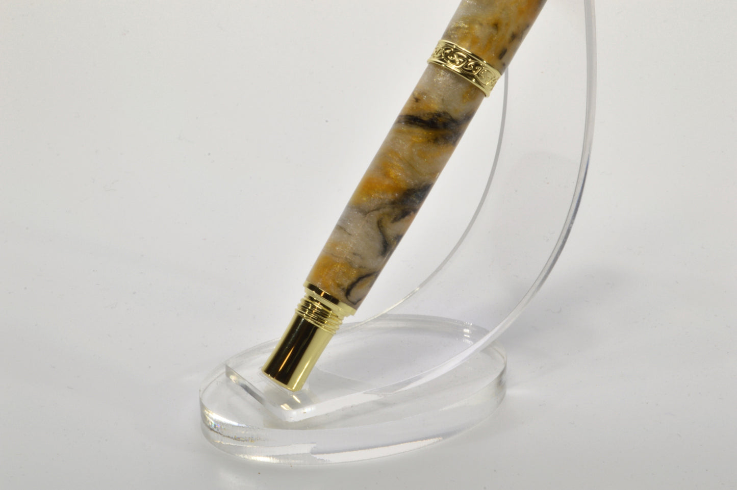 Handcrafted Rollerball Pen in Gold Finish – White, Gold & Black Acrylic Body with Wooden Display Case
