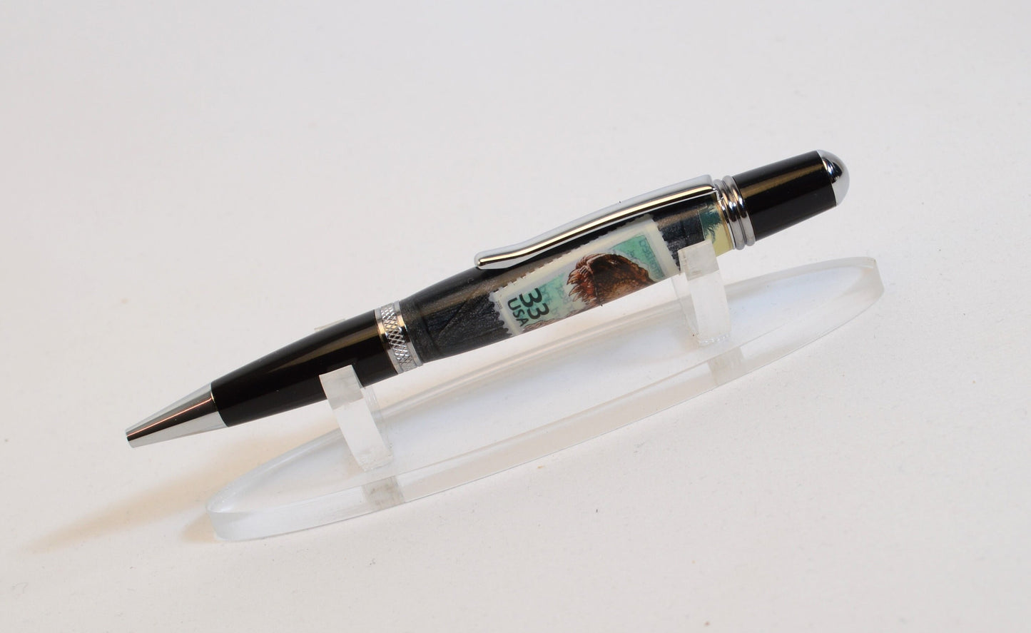 Handcrafted Pen Featuring A Jurassic Park US Postage Stamp & Movie Set Tree Wood Cast in Acrylic