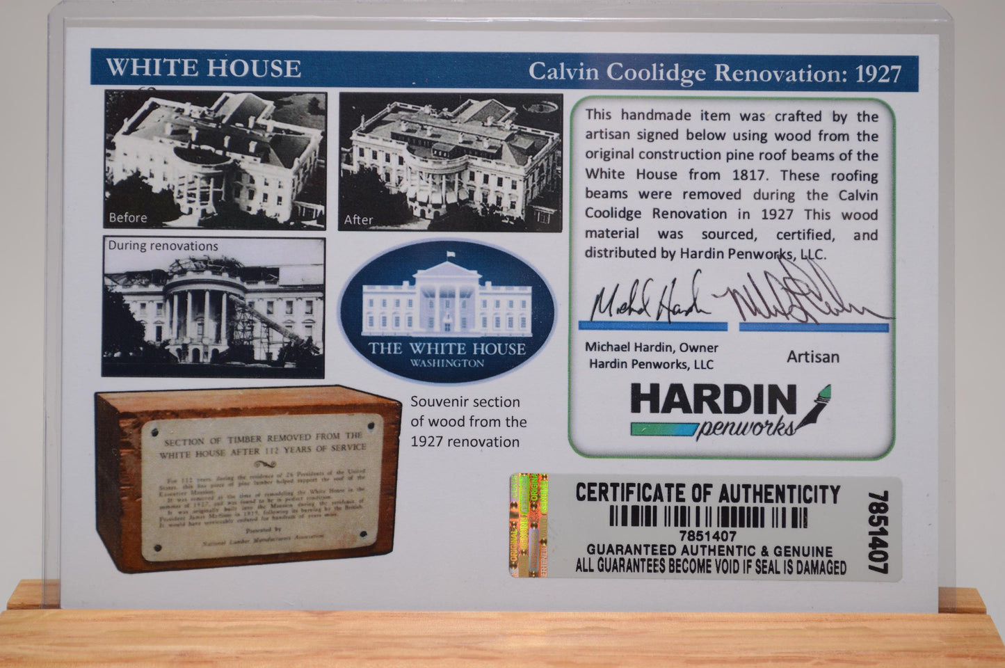 Handcrafted White House Twist Pen Made From The Pine Roof Beams of the White House