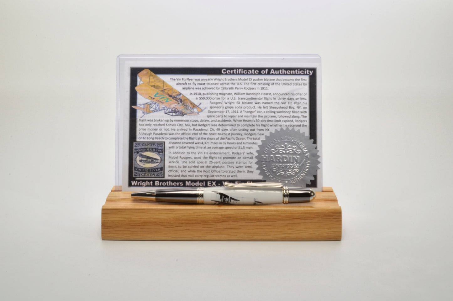 Acrylic Twist Pen Embedded with a Small Piece of Wright Brothers Vin Fiz Flyer Fabric – Platinum & Black Titanium Finish