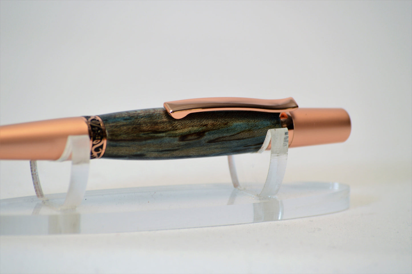 Elegant Twist Pen in Two Tone Copper with Handcrafted Dyed Spalted Oak Body.