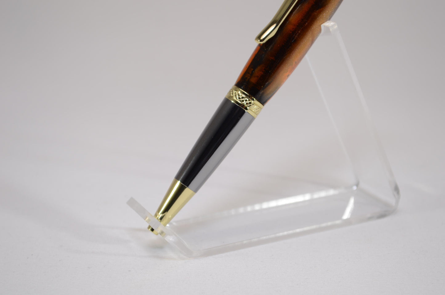 Elegant Handcrafted Twist Pen in Striking Gold and Brown Acrylic with Gold and Chrome Finish