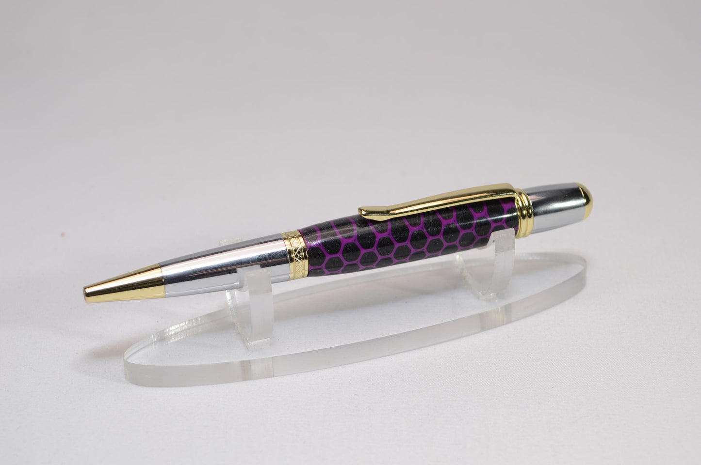 Elegant Handcrafted Twist Pen in Striking Purple and Black Honeycomb Acrylic with Gold and Chrome Finish