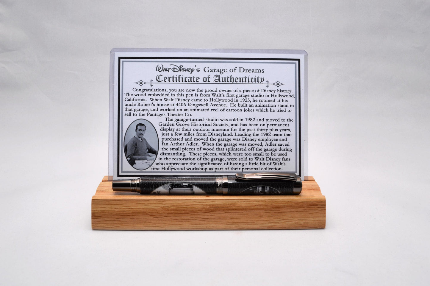 Handcrafted Rollerball Pen Featuring a Small Piece of Wood From Walt Disney's First Garage Studio in Hollywood, CA and Cast in Acrylic.