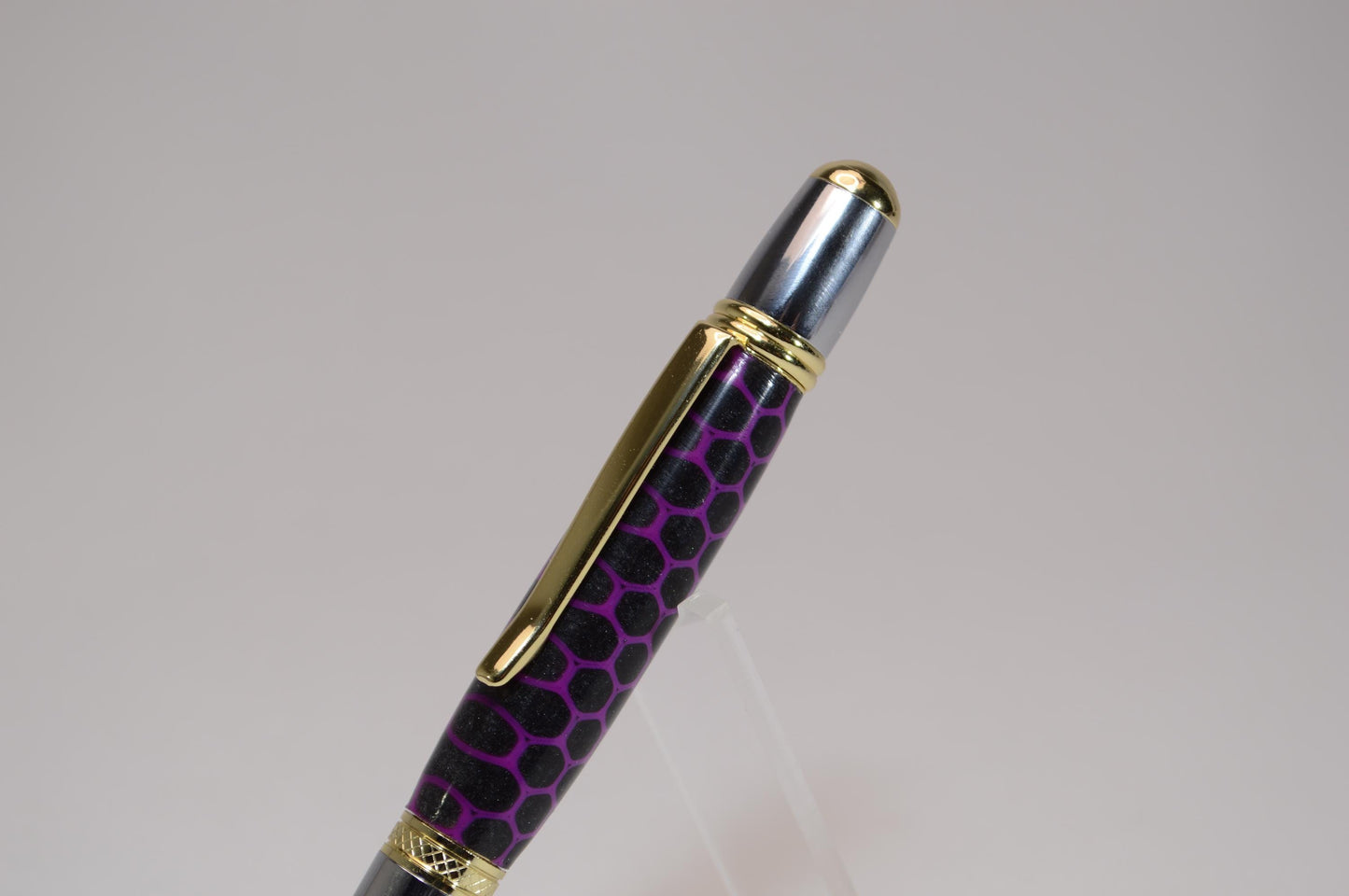 Elegant Handcrafted Twist Pen in Striking Purple and Black Honeycomb Acrylic with Gold and Chrome Finish
