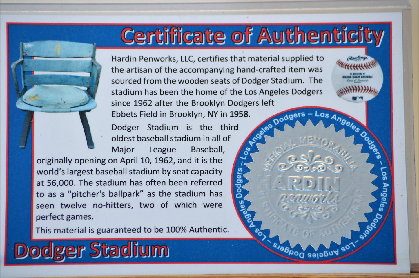 Handcrafted Pen Made From A LA Dodgers Dodger Field Wooden Stadium Seat