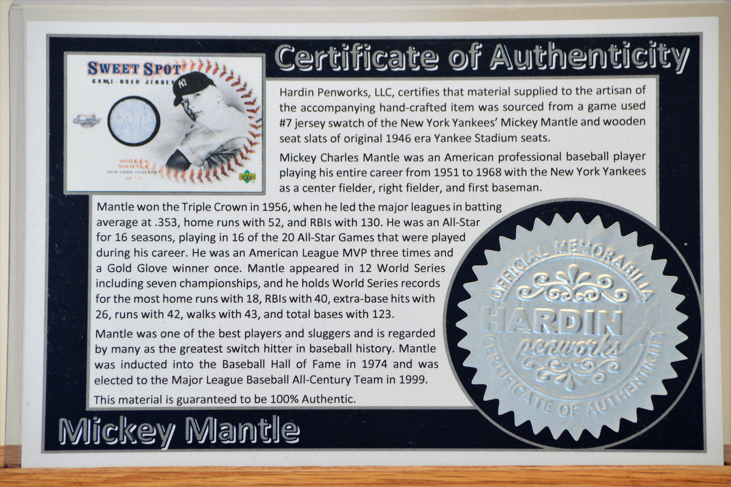 Handcrafted Pen Made With A Swatch From A Mickey Mantle Game Used Jersey And Wood From A Yankee Stadium Seat