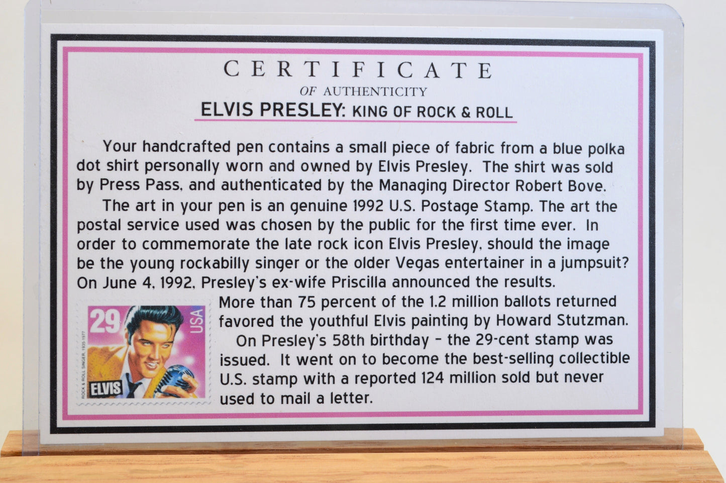 Handcrafted Pen Featuring a 1992 Elvis Stamp and a Small Swatch From an Elvis Worn Shirt Embedded in Acrylic