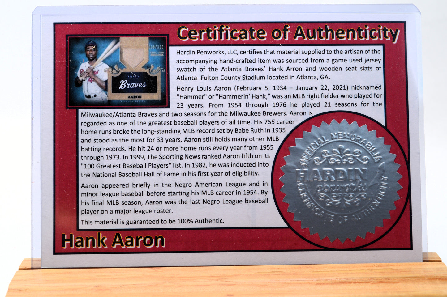 Handcrafted Pen Made With A Hank Aaron Game Used Jersey Swatch & Fulton County Stadium Seat Wood
