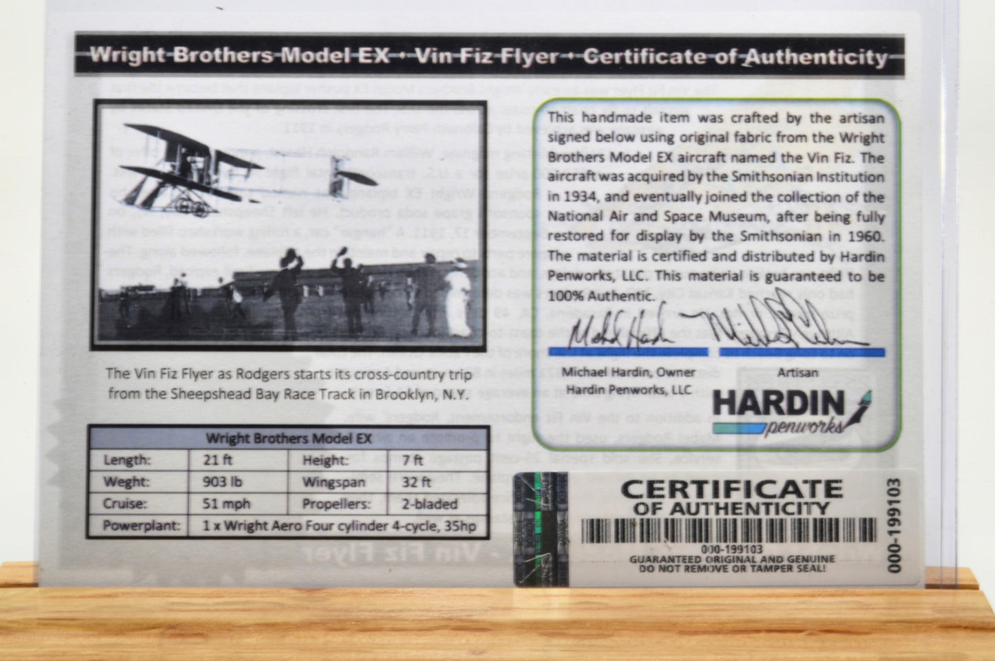 Acrylic Twist Pen Embedded with a Small Piece of Wright Brothers Vin Fiz Flyer Fabric – Platinum & Black Titanium Finish