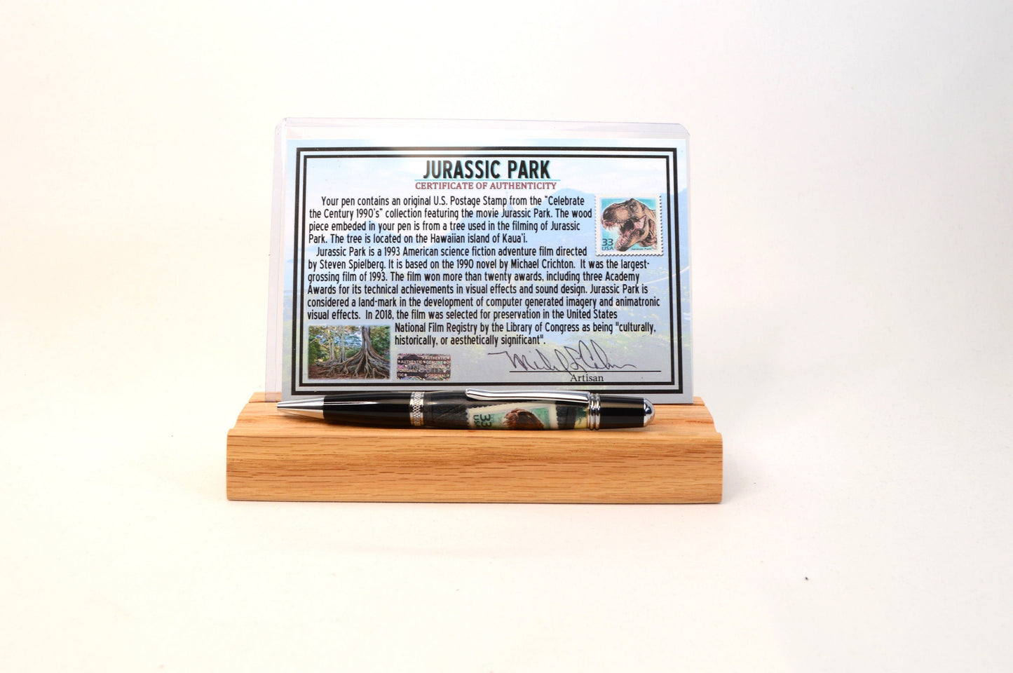 Handcrafted Pen Featuring A Jurassic Park US Postage Stamp & Movie Set Tree Wood Cast in Acrylic