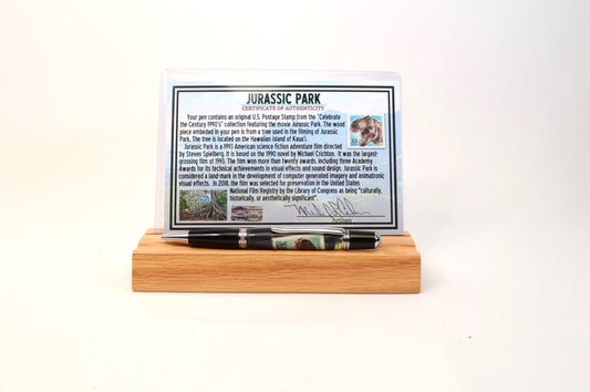 Handcrafted Pen Featuring A Jurassic Park US Postage Stamp & Movie Set Tree Wood Cast in Acrylic