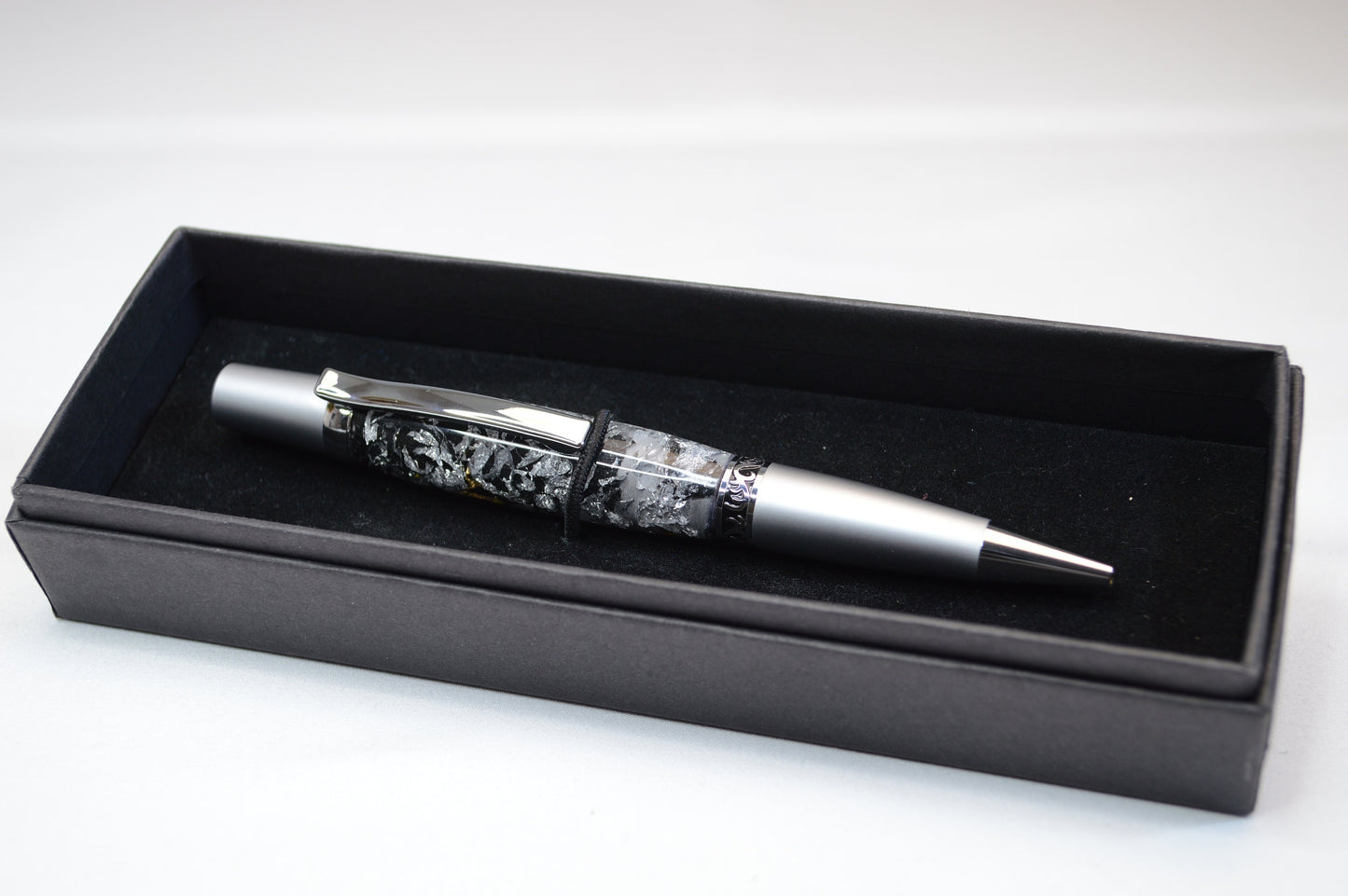 Elegant Satin Chrome and Chrome Twist Pen with Silver & Black Gilding Cast in Clear Acrylic
