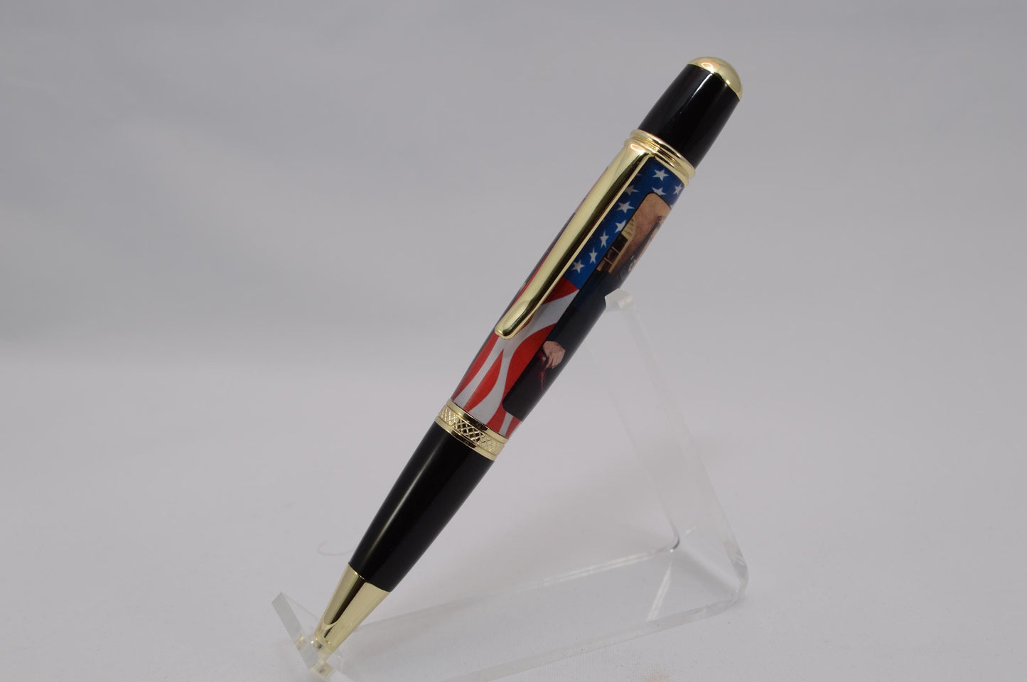 Handcrafted Pen Featuring Donald Trump Tie Fragment and White House Wood Cast in Acrylic.