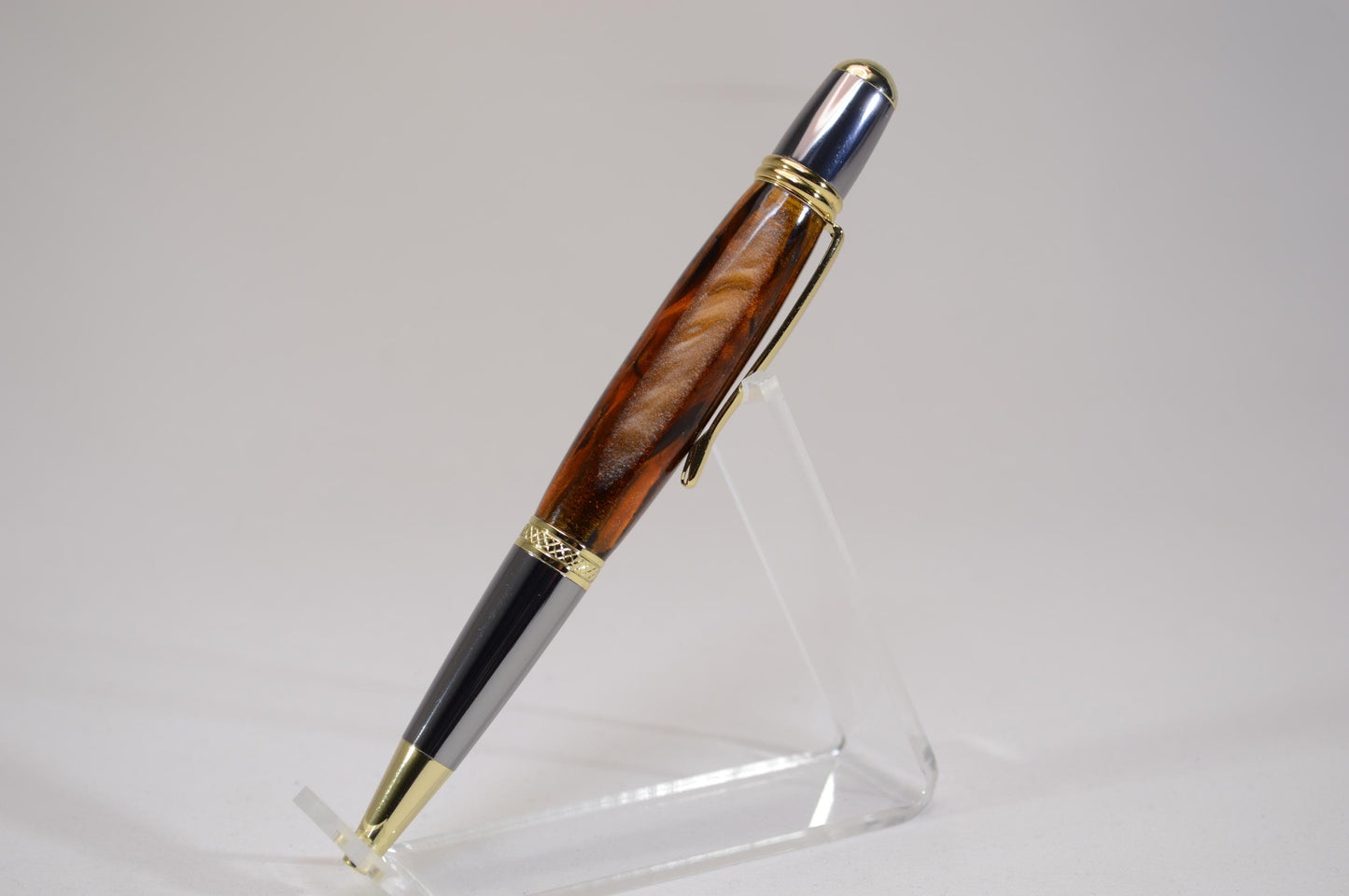 Elegant Handcrafted Twist Pen in Striking Gold and Brown Acrylic with Gold and Chrome Finish