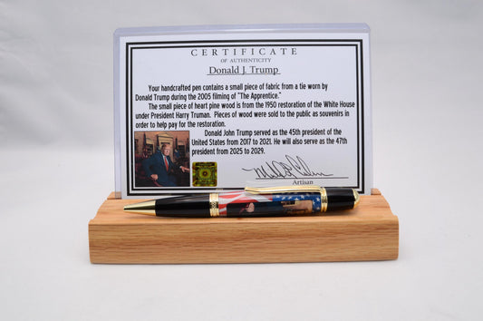 Handcrafted Pen Featuring Donald Trump Tie Fragment and White House Wood Cast in Acrylic.