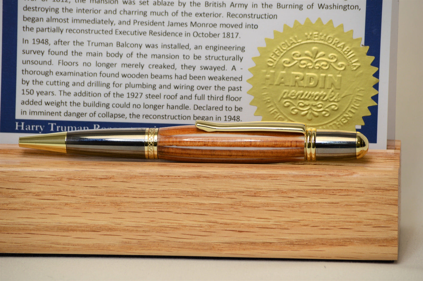 Handcrafted Gold and Black Titanium Twist Pen  From Original White House 1817 Oak Beams