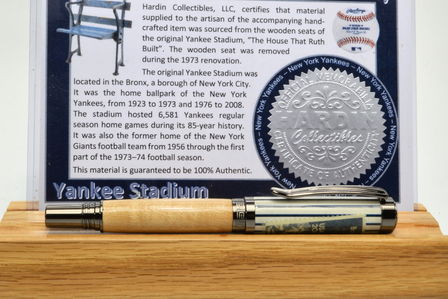 Rollerball Pen made with Wood from a Yankee Stadium Seat and a Babe Ruth Stamp Embedded in Acrylic