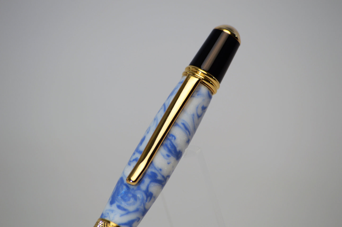 One of a Kind Classic Twist Pen in Gold and Black Chrome with Handcrafted White and Blue Acrylic Body
