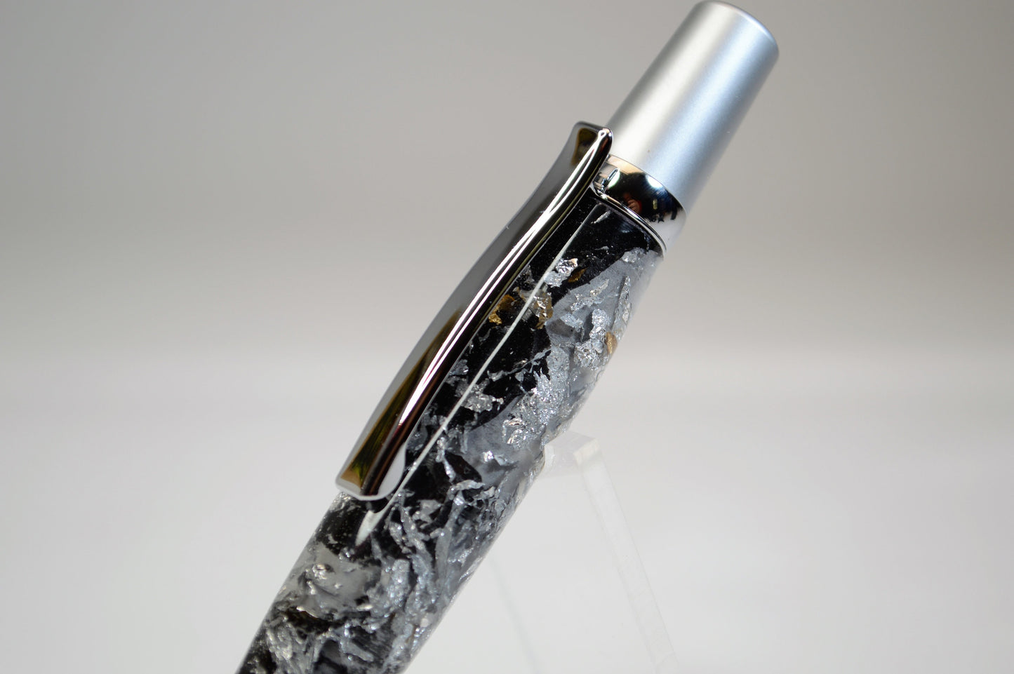 Elegant Satin Chrome and Chrome Twist Pen with Silver & Black Gilding Cast in Clear Acrylic