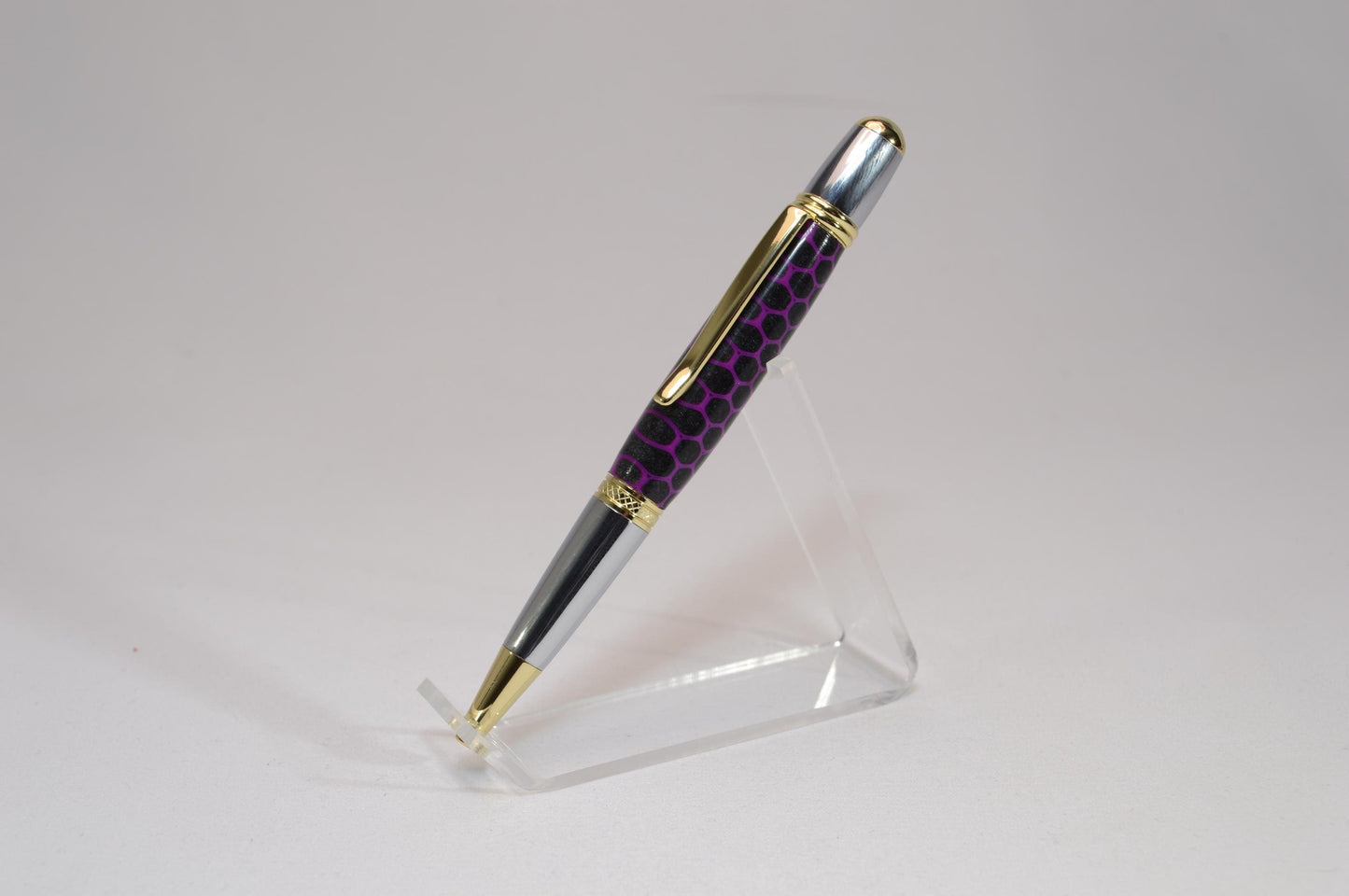 Elegant Handcrafted Twist Pen in Striking Purple and Black Honeycomb Acrylic with Gold and Chrome Finish