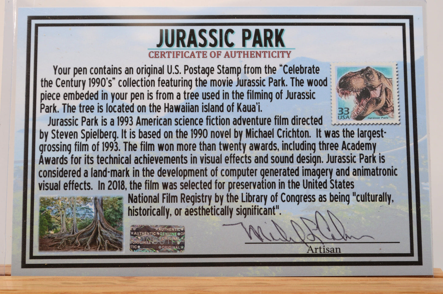 Handcrafted Pen Featuring A Jurassic Park US Postage Stamp & Movie Set Tree Wood Cast in Acrylic