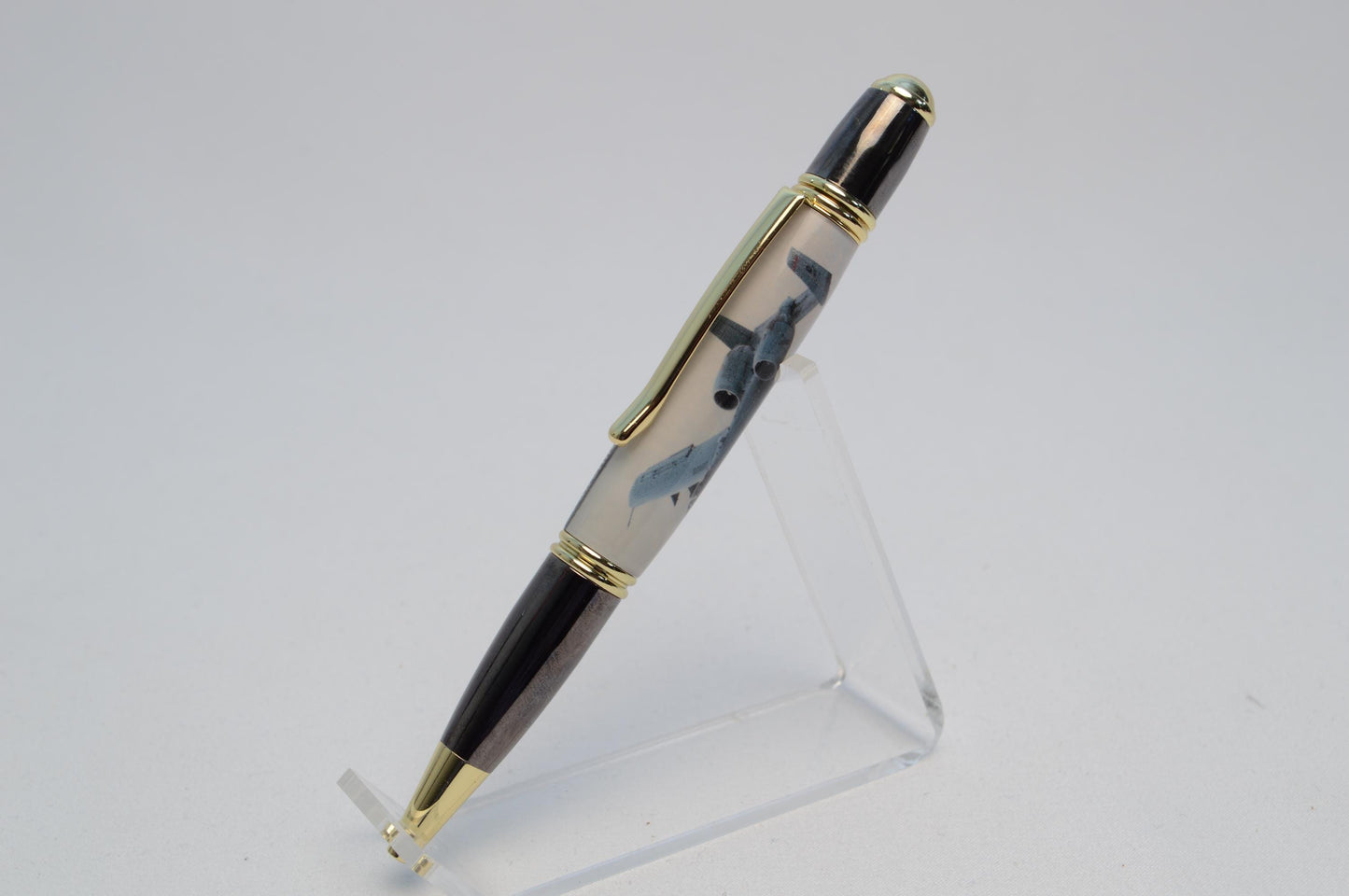Handcrafted Twist Pen Made With a Small Piece of Aluminum From an A10 Warthog cast in acrylic.
