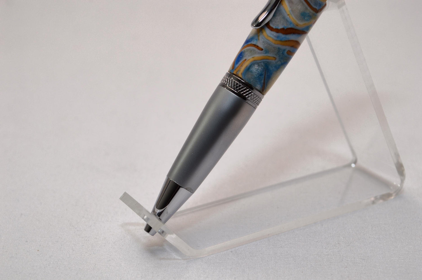 Handcrafted Twist Pen with Pistachio Shell Cast in Acrylic in Chrome and Satin Chrome