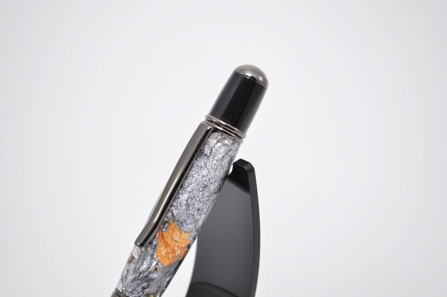 Elegant Satin Chrome and Chrome Twist Pen with Silver & Black Gilding Cast in Clear Acrylic