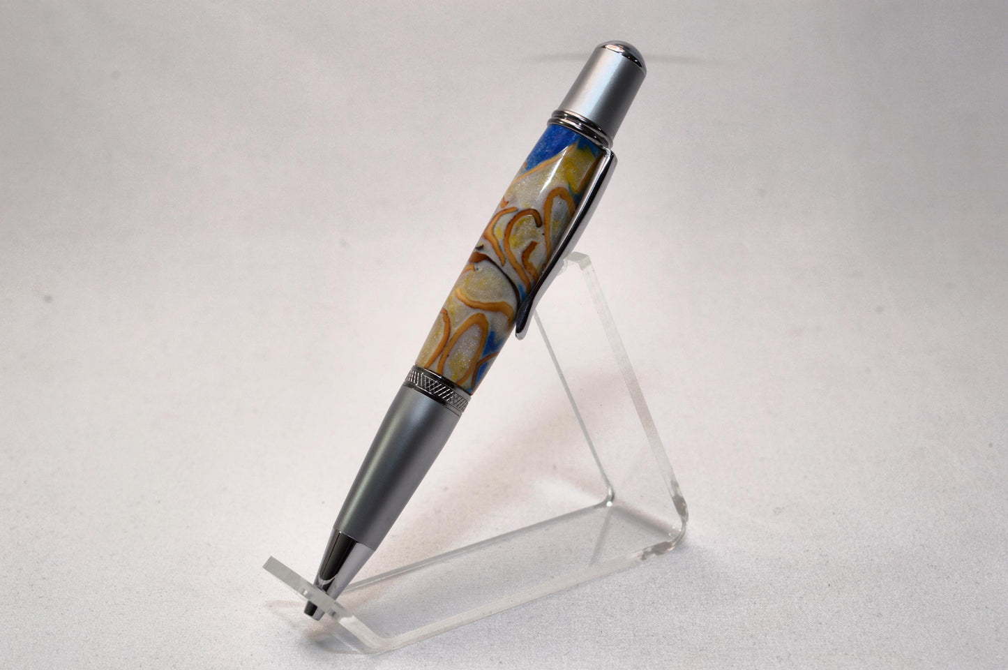 Handcrafted Twist Pen with Pistachio Shell Cast in Acrylic in Chrome and Satin Chrome