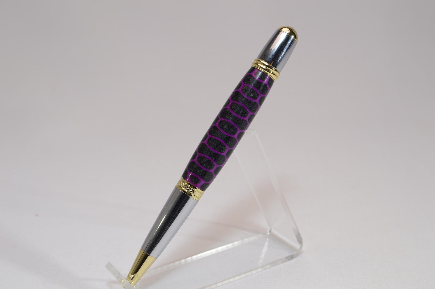 Elegant Handcrafted Twist Pen in Striking Purple and Black Honeycomb Acrylic with Gold and Chrome Finish