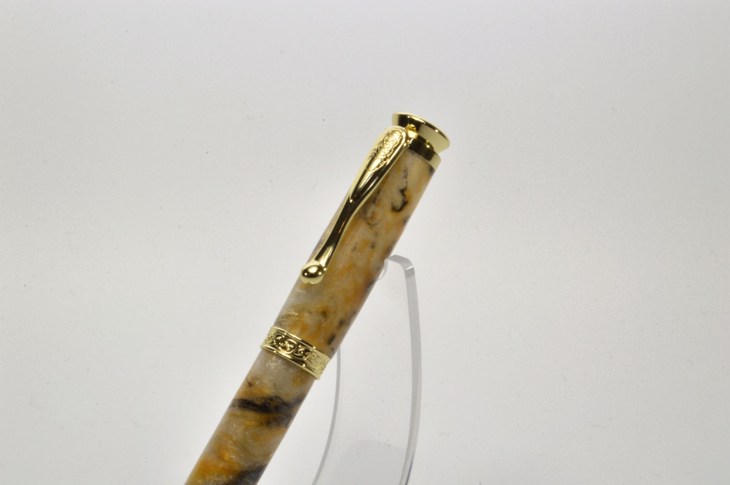 Handcrafted Rollerball Pen in Gold Finish – White, Gold & Black Acrylic Body with Wooden Display Case