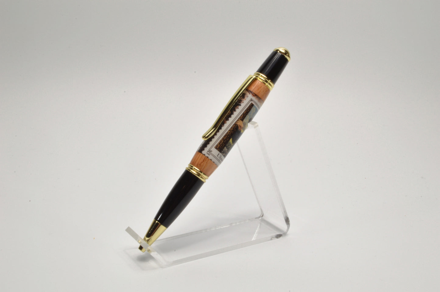 Handcrafted Gettysburg Twist Pen Made With a General Grant U.S. Stamp and Witness Wood in Gold and Black Chrome Finish