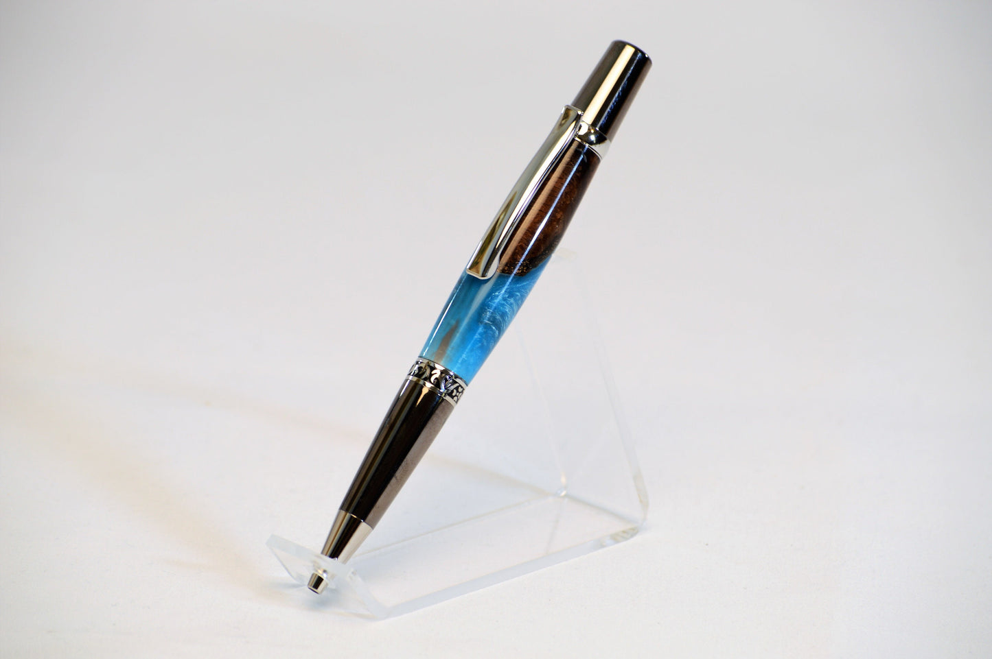 One of a Kind Elegant Twist Pen in Platinum and Black Titanium with Handcrafted Acrylic and North Georgia Walnut Body.