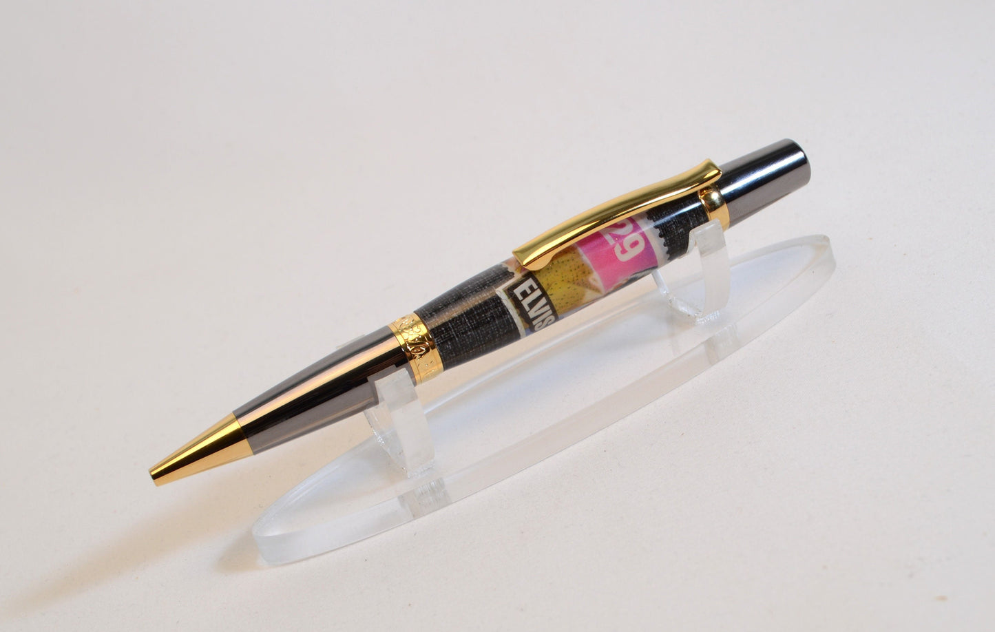 Handcrafted Pen Featuring a 1992 Elvis Stamp and a Small Swatch From an Elvis Worn Shirt Embedded in Acrylic