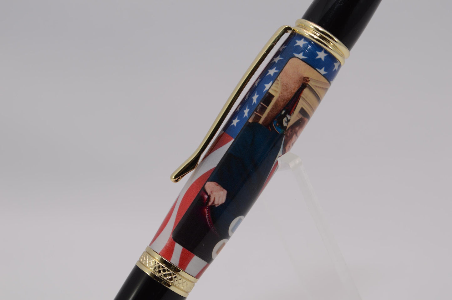 Handcrafted Pen Featuring Donald Trump Tie Fragment and White House Wood Cast in Acrylic.