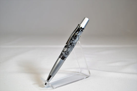 Elegant Satin Chrome and Chrome Twist Pen with Silver & Black Gilding Cast in Clear Acrylic