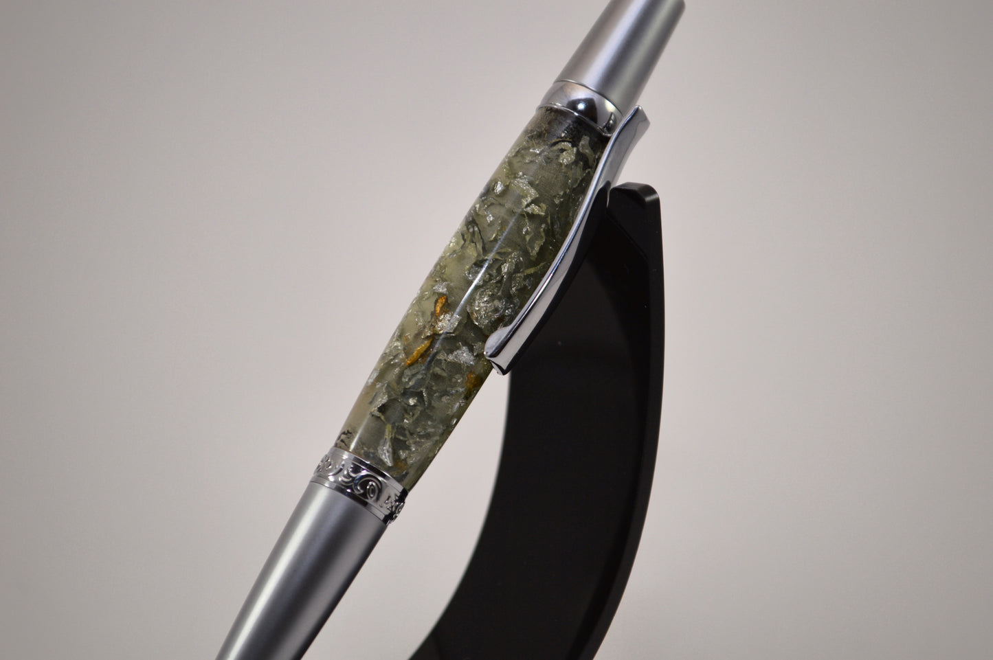 Elegant Satin Chrome and Chrome Twist Pen with Silver & Black Gilding Cast in Clear Acrylic